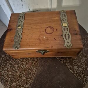 Vintage Cedar Wooden Jewelry Box with Brass Accents